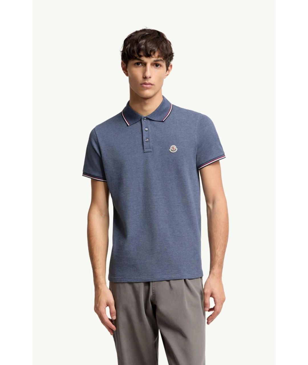 MONCLER Синее хлопковое поло с коротким рукавом, фото 2