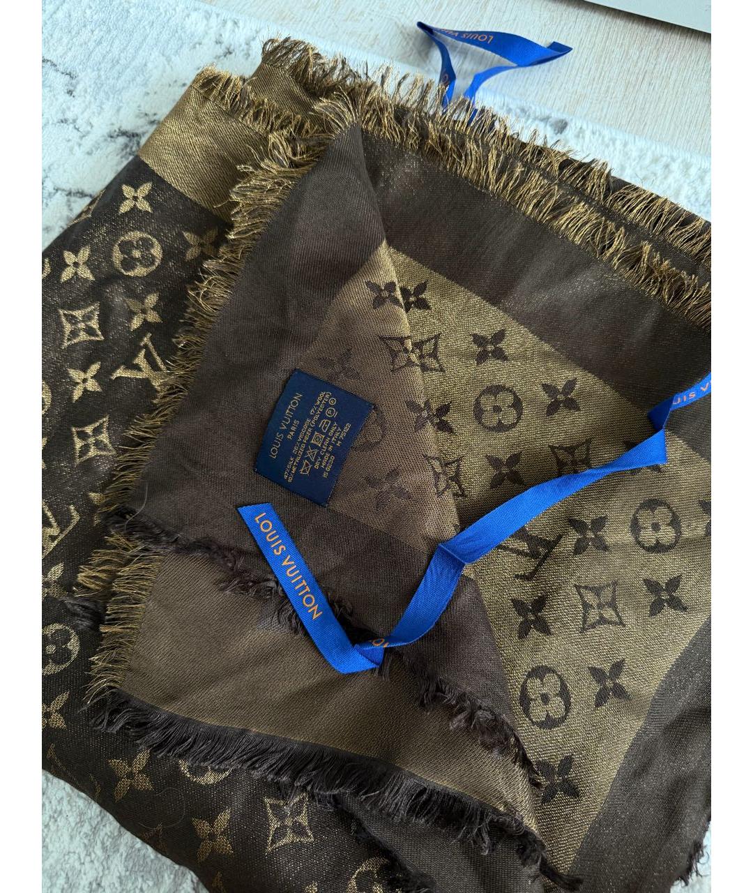 LOUIS VUITTON Коричневый шелковый платок, фото 2