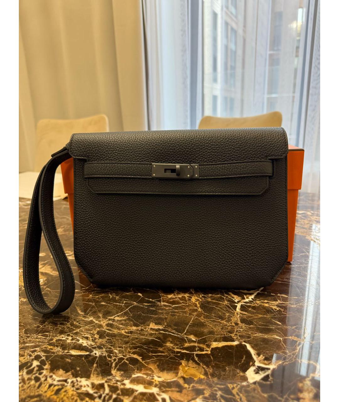 HERMES Черная кожаная барсетка, фото 5