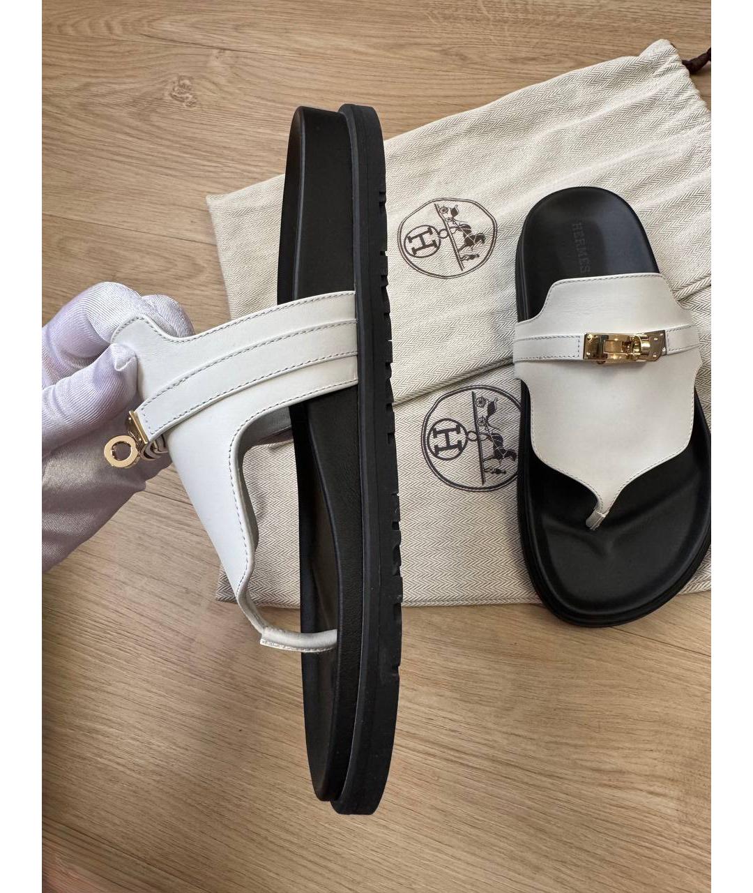 HERMES Белые кожаные шлепанцы, фото 6