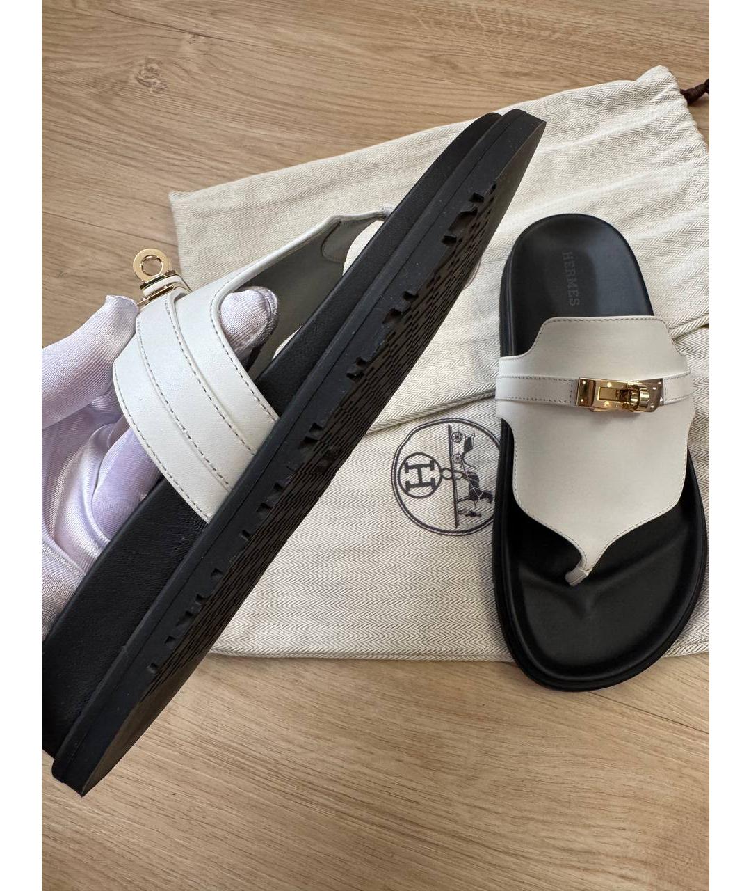 HERMES Белые кожаные шлепанцы, фото 7