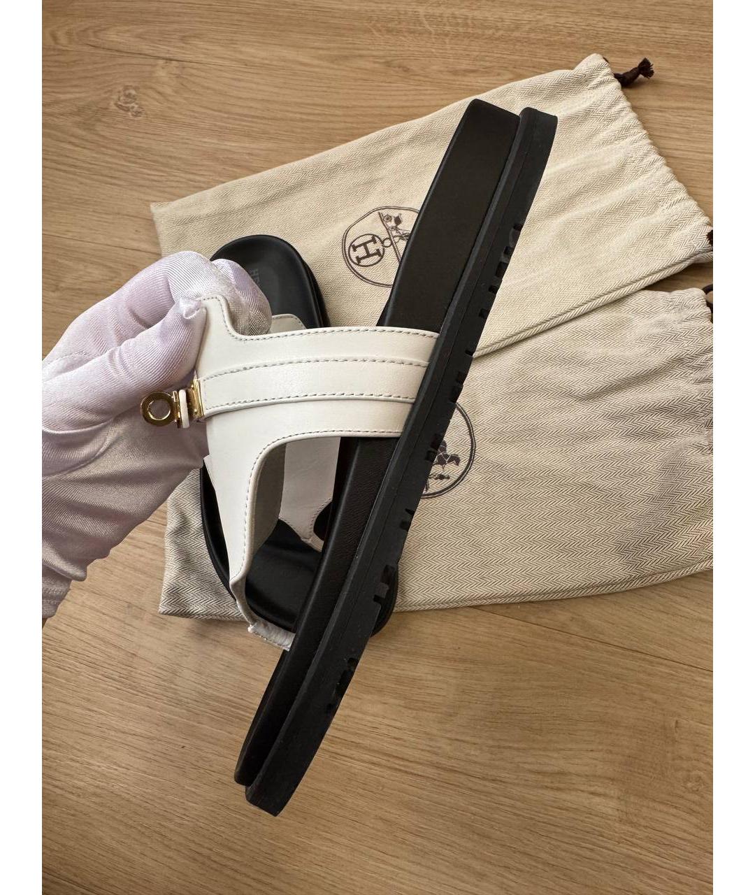 HERMES Белые кожаные шлепанцы, фото 8