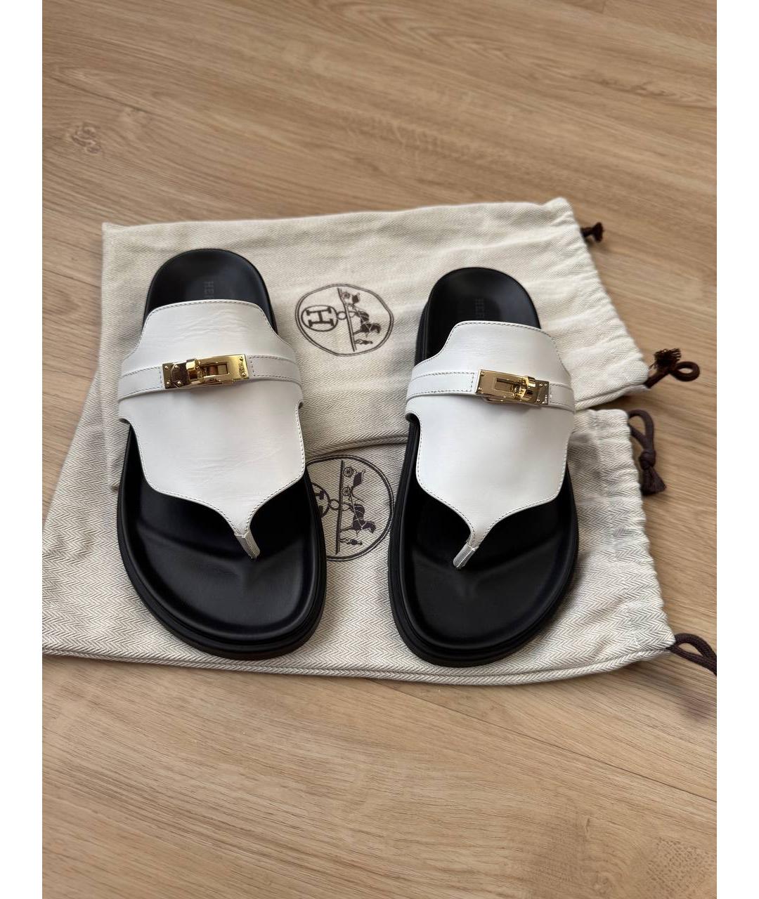 HERMES Белые кожаные шлепанцы, фото 2