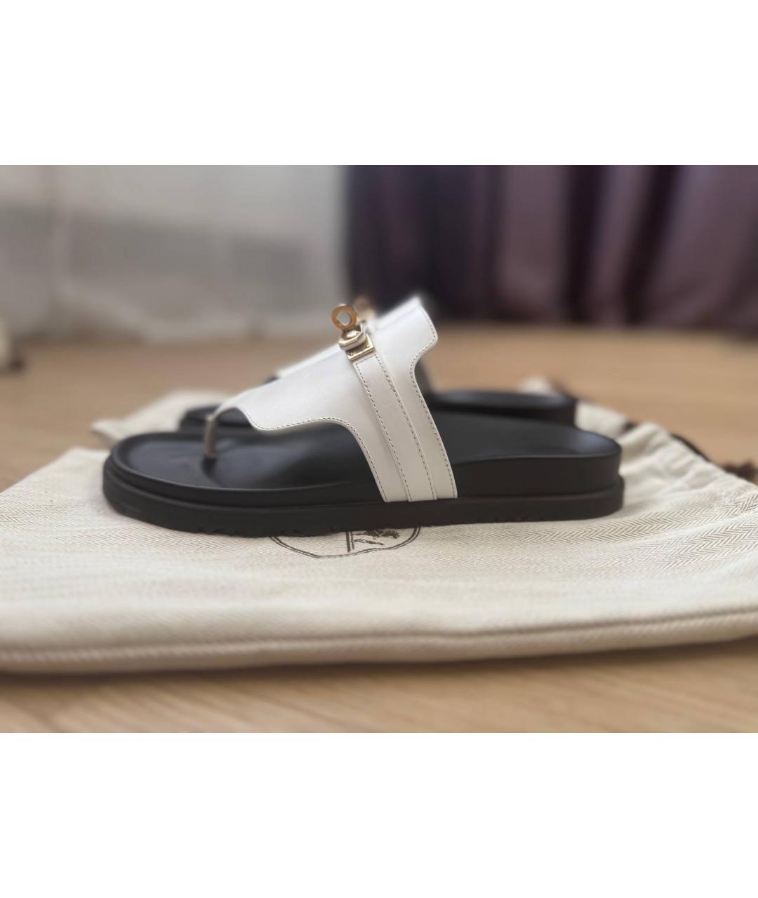 HERMES Белые кожаные шлепанцы, фото 9