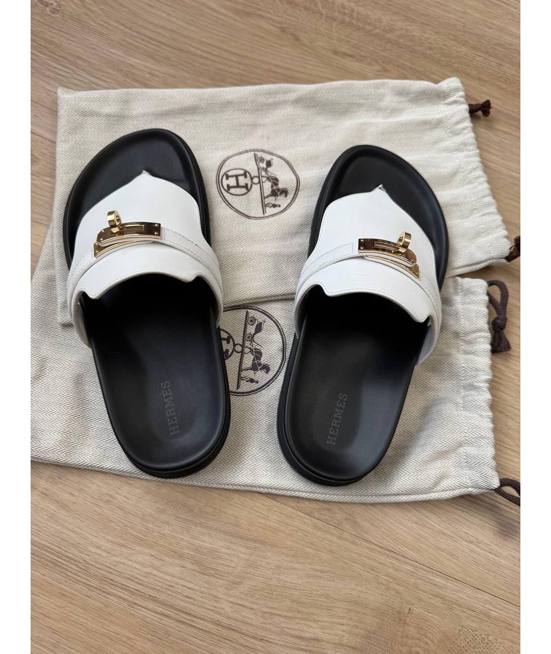 HERMES Белые кожаные шлепанцы, фото 3
