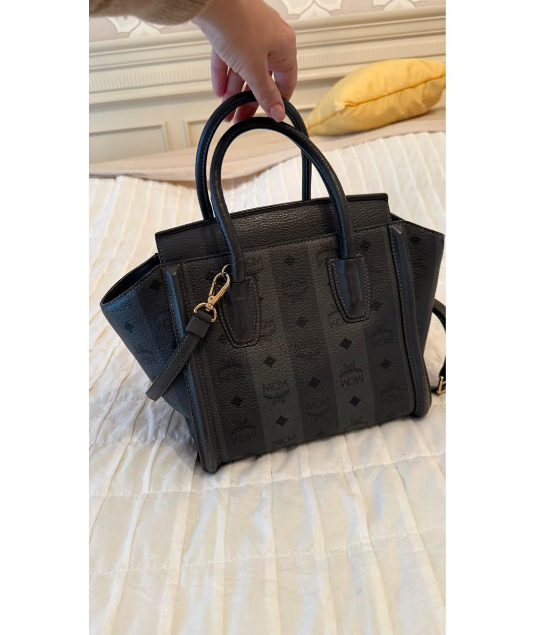 MCM Антрацитовая кожаная сумка тоут, фото 3