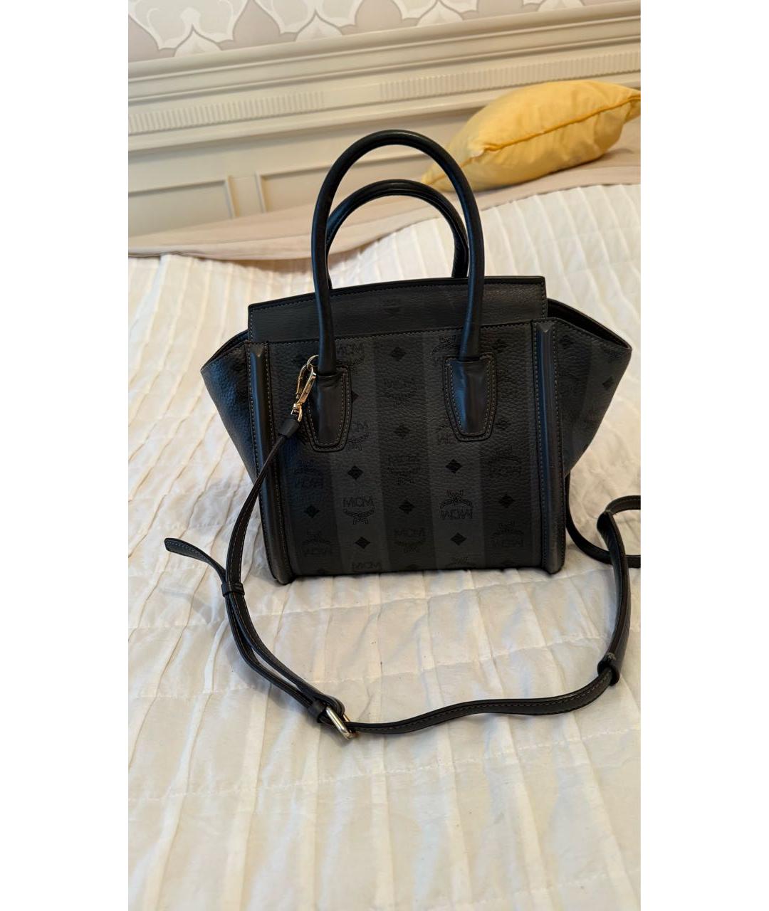 MCM Антрацитовая кожаная сумка тоут, фото 9