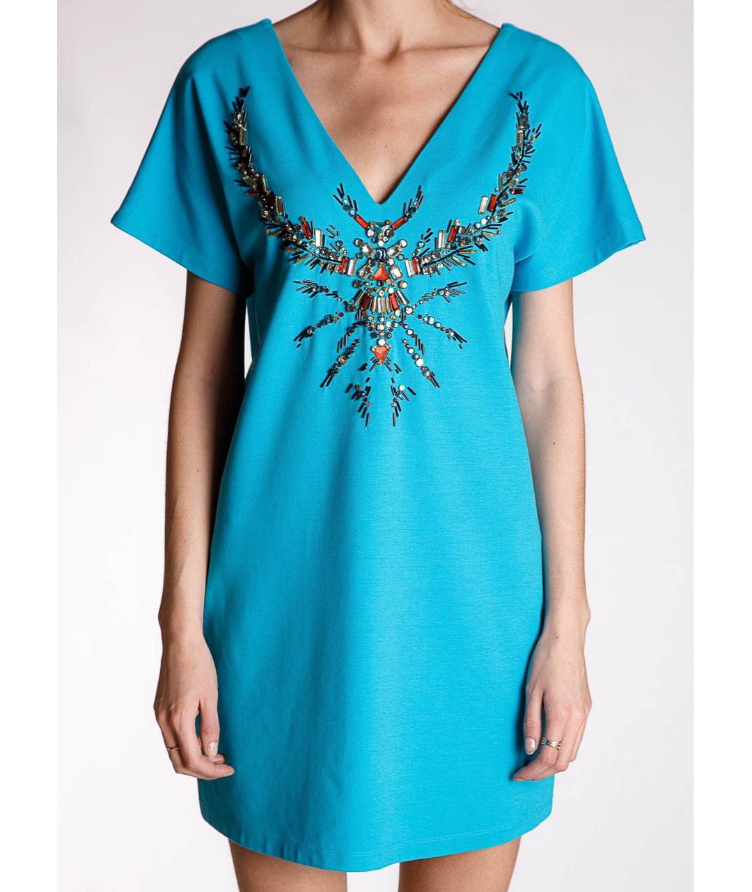 JO NO FUI Бирюзовое вискозное коктейльное платье, фото 4