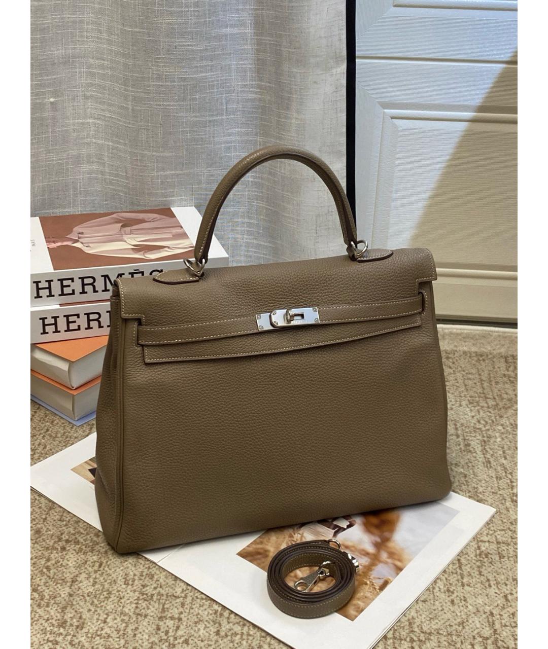 HERMES Коричневая кожаная сумка с короткими ручками, фото 7