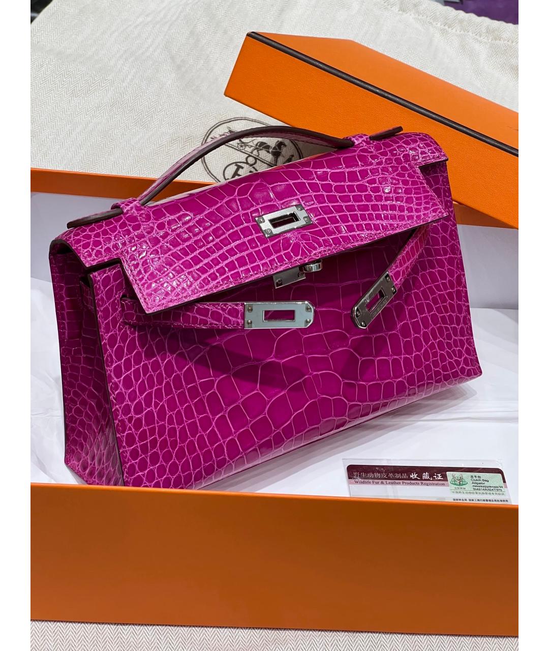 HERMES Фуксия сумка с короткими ручками из экзотической кожи, фото 7
