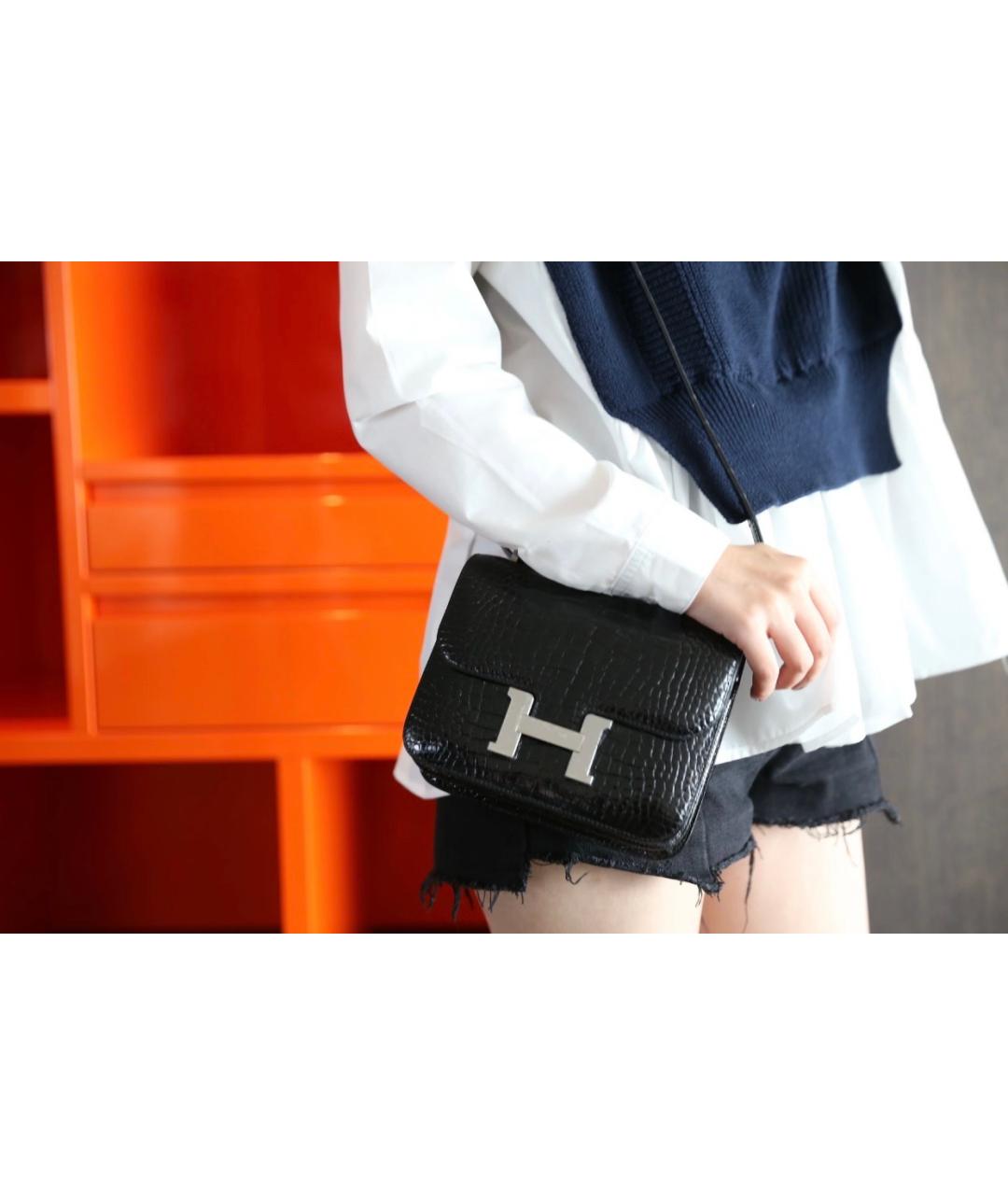 HERMES Черная сумка через плечо из лакированной кожи, фото 4