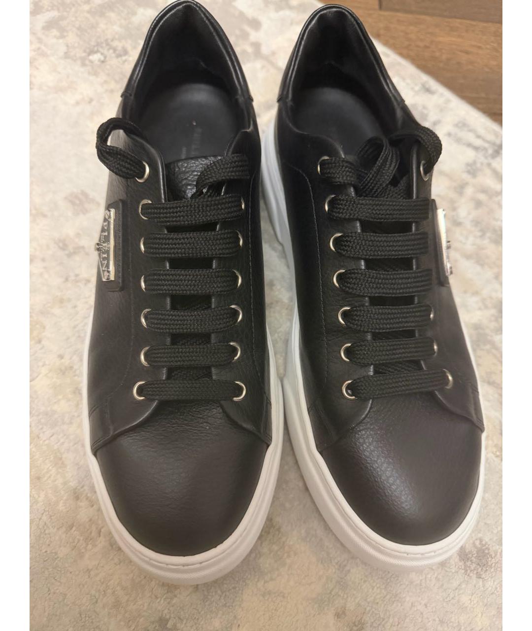 PHILIPP PLEIN Черные кожаные низкие кроссовки / кеды, фото 2