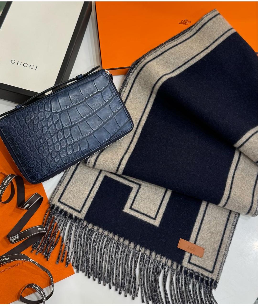 HERMES Темно-синий кашемировый шарф, фото 7