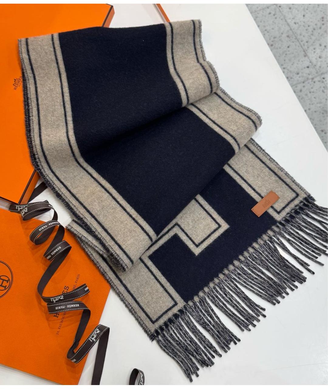 HERMES Темно-синий кашемировый шарф, фото 8