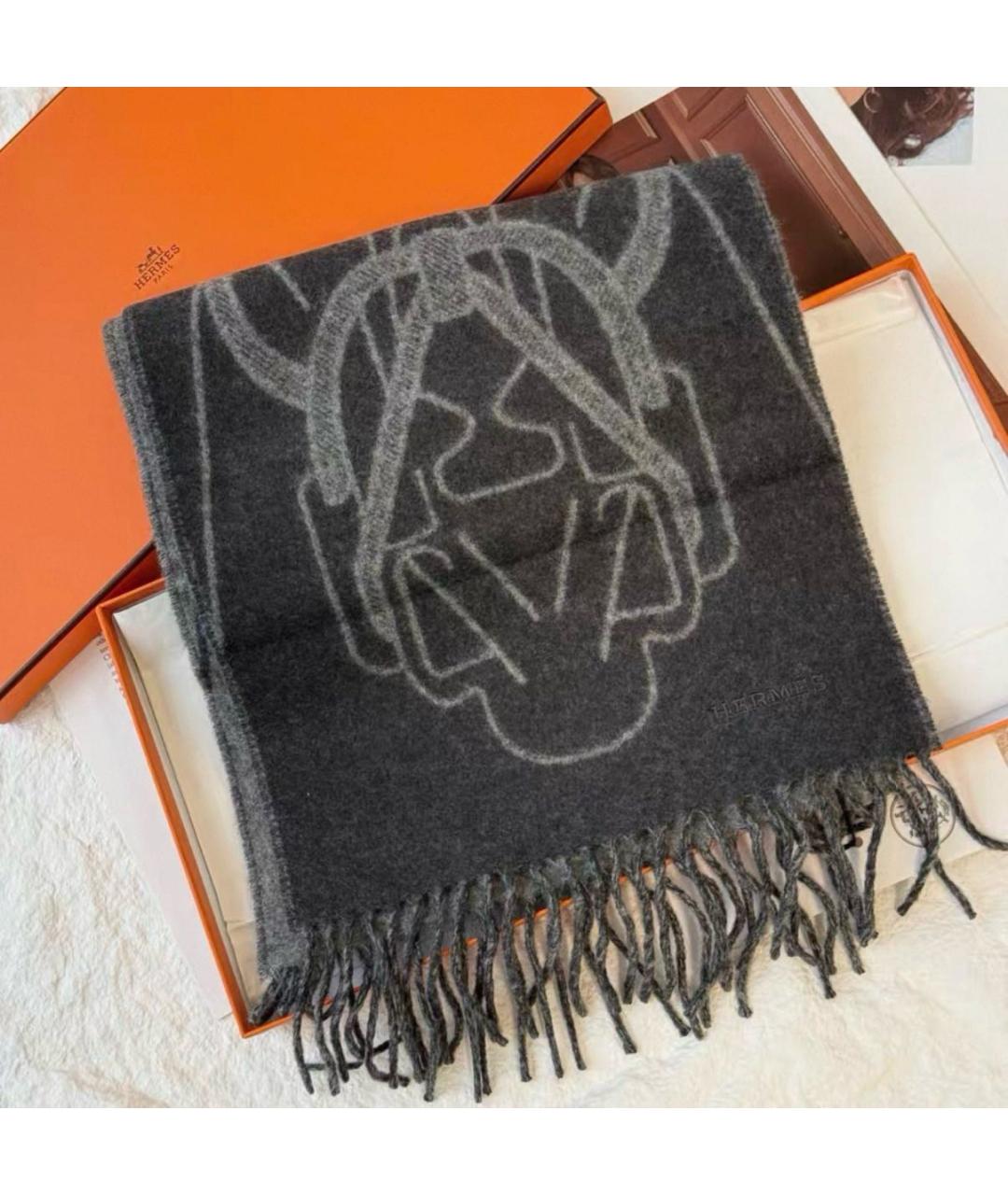 HERMES Серый кашемировый шарф, фото 5