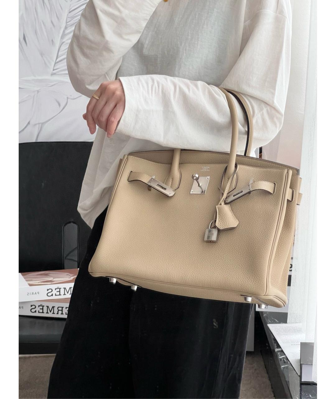 HERMES Бежевая кожаная сумка с короткими ручками, фото 9