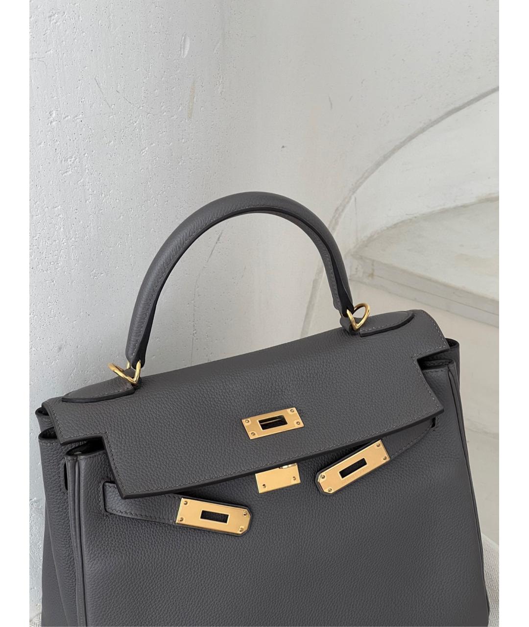 HERMES Серая кожаная сумка с короткими ручками, фото 3