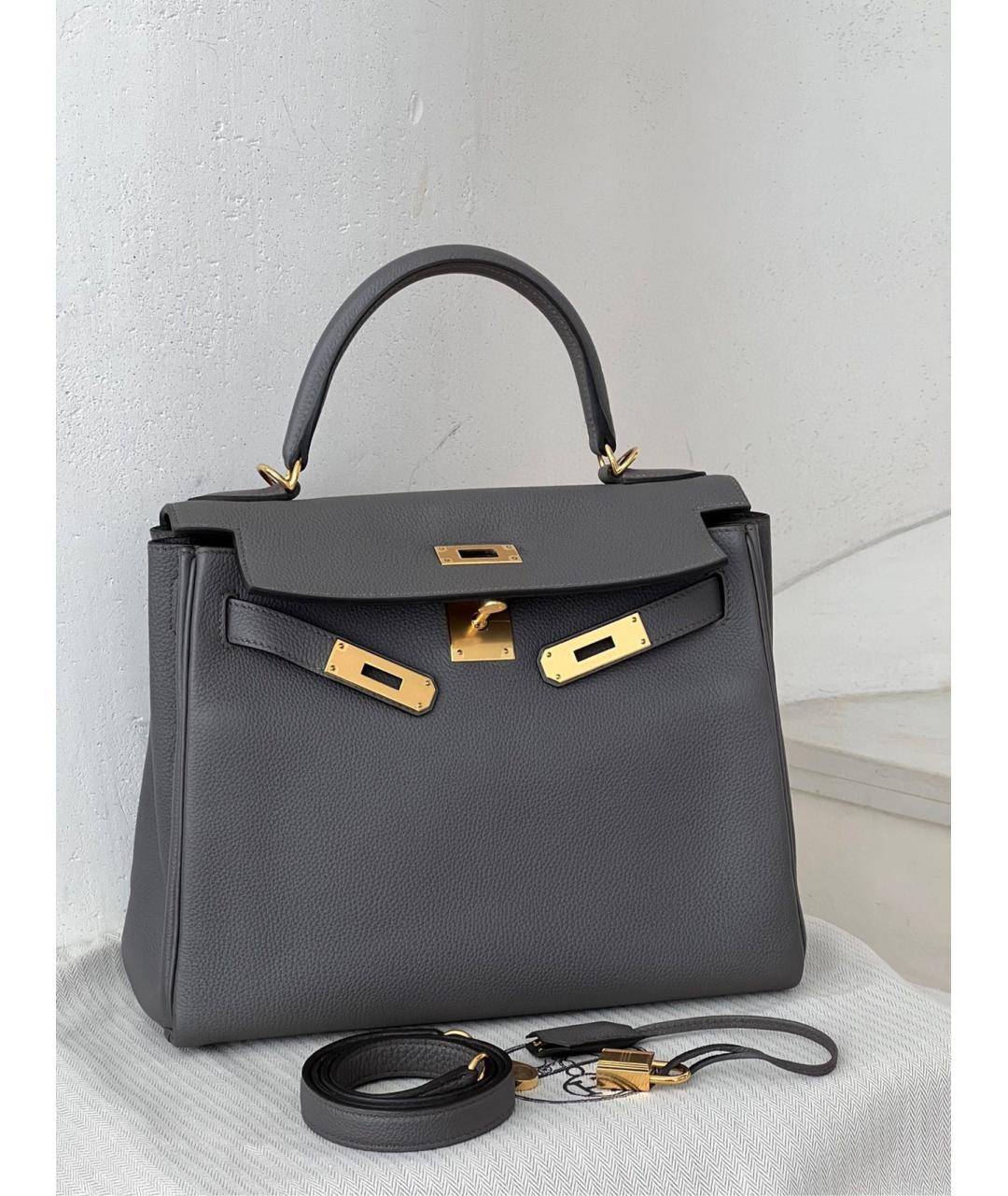 HERMES Серая кожаная сумка с короткими ручками, фото 5