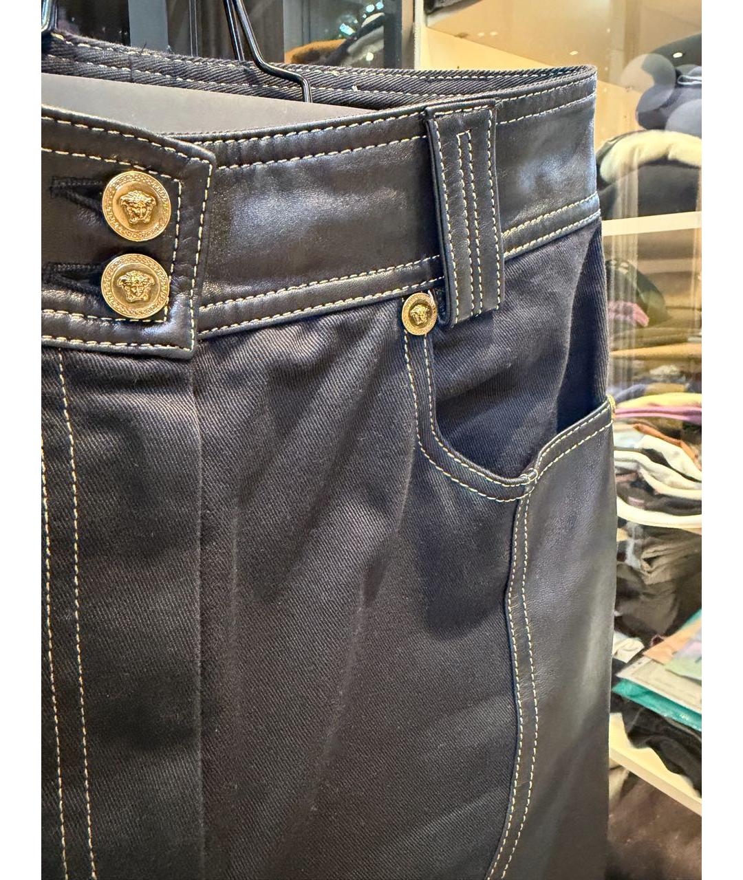 VERSACE Черные кожаные прямые брюки, фото 4