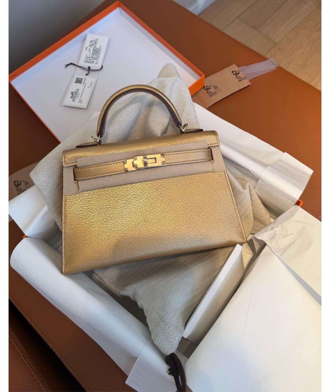 HERMES Золотая кожаная сумка с короткими ручками, фото 3