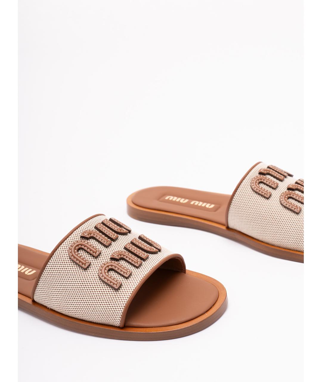 MIU MIU Бежевые текстильные шлепанцы, фото 5