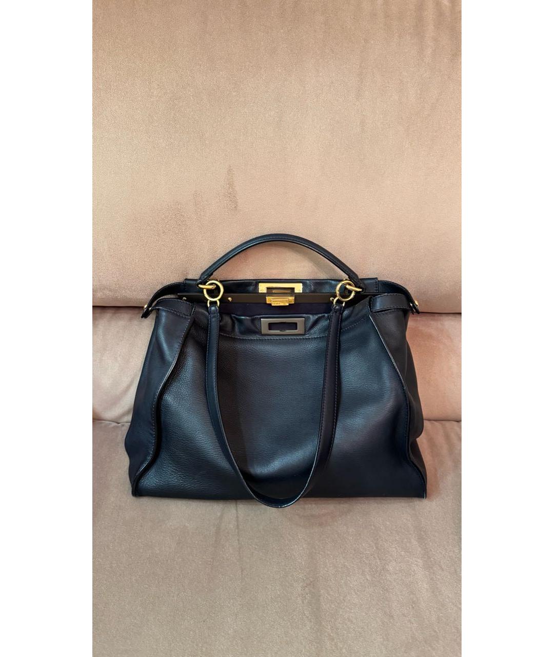 FENDI Темно-синяя кожаная сумка тоут, фото 9