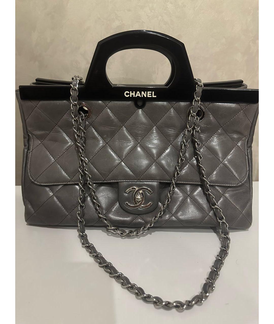 CHANEL Серая кожаная сумка с короткими ручками, фото 6