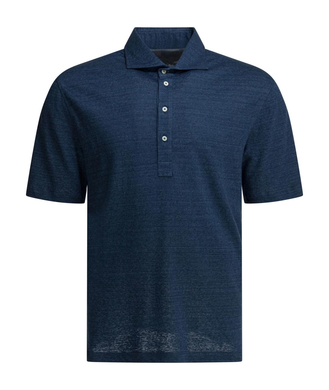 BRUNELLO CUCINELLI Синее хлопко-леновое поло с коротким рукавом, фото 1