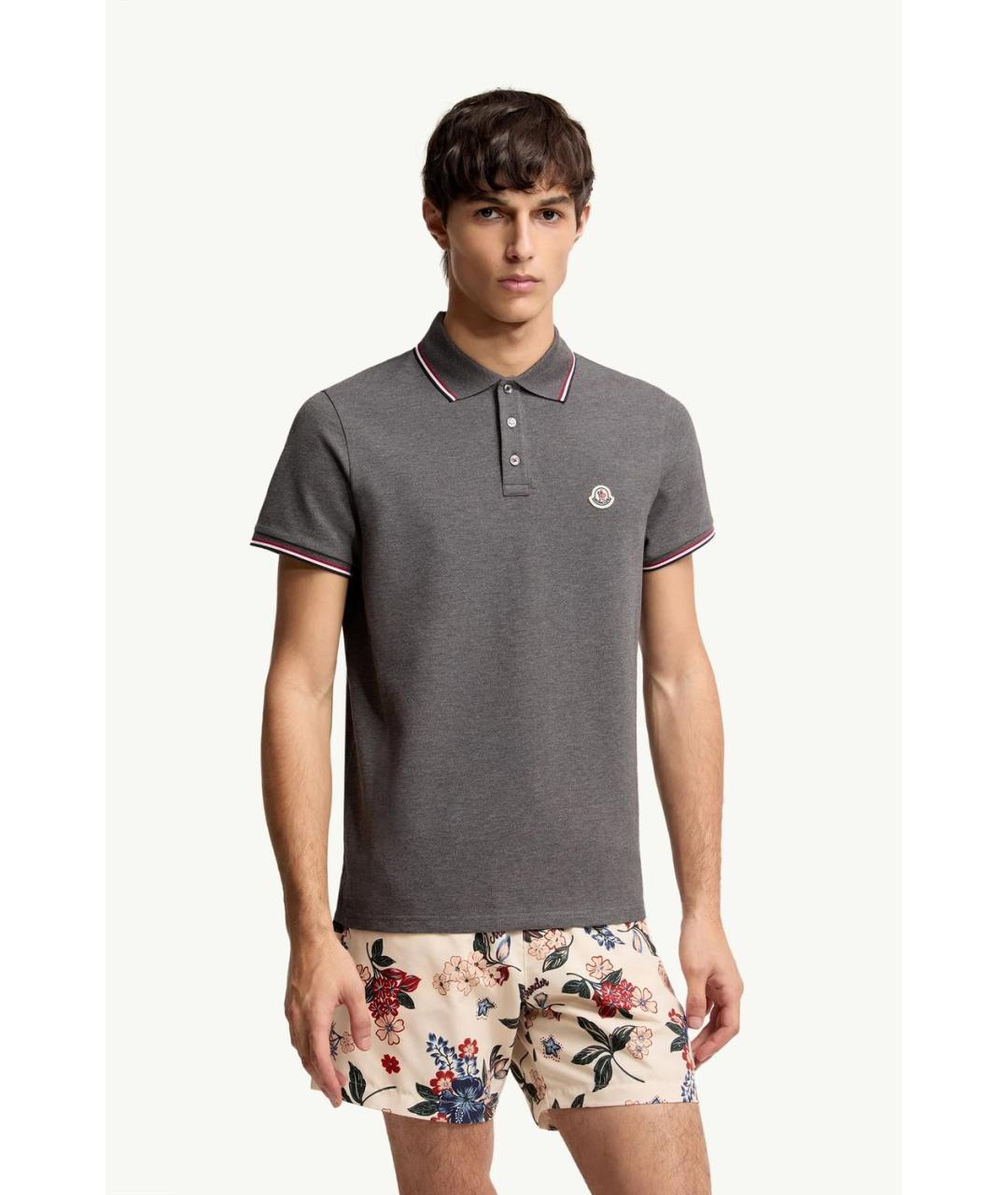 MONCLER Серое хлопковое поло с коротким рукавом, фото 4