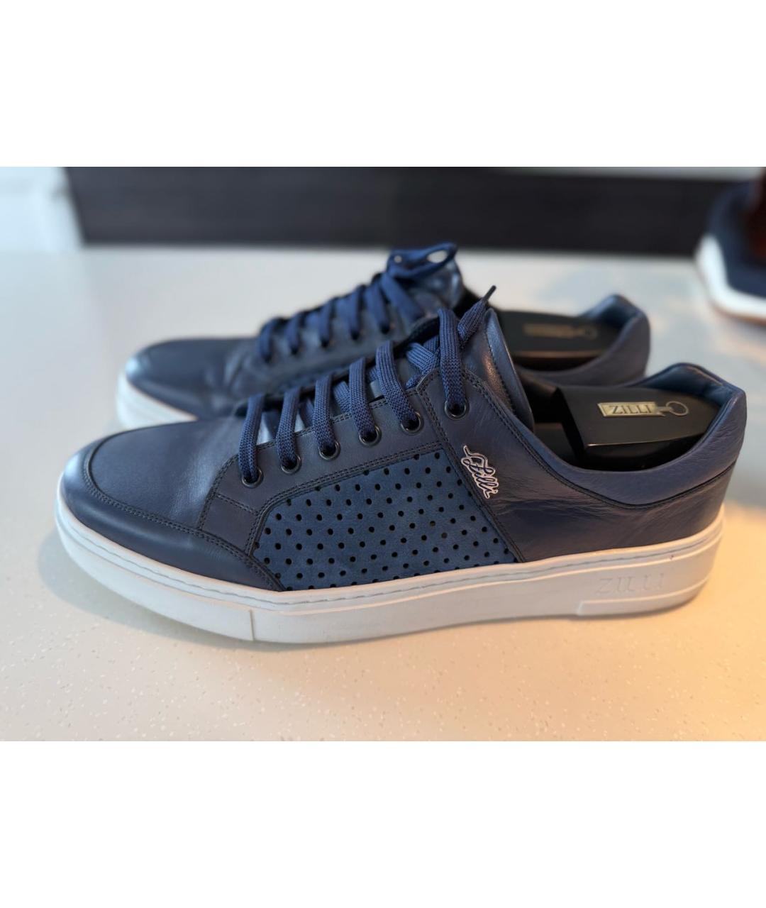ZILLI Темно-синие кожаные низкие кроссовки / кеды, фото 9