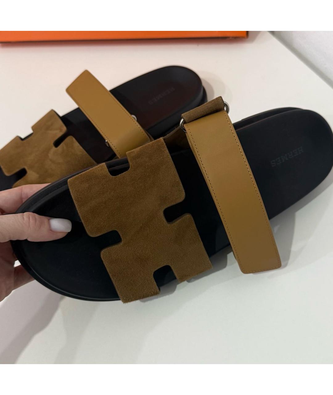 HERMES Коричневые замшевые шлепанцы, фото 7