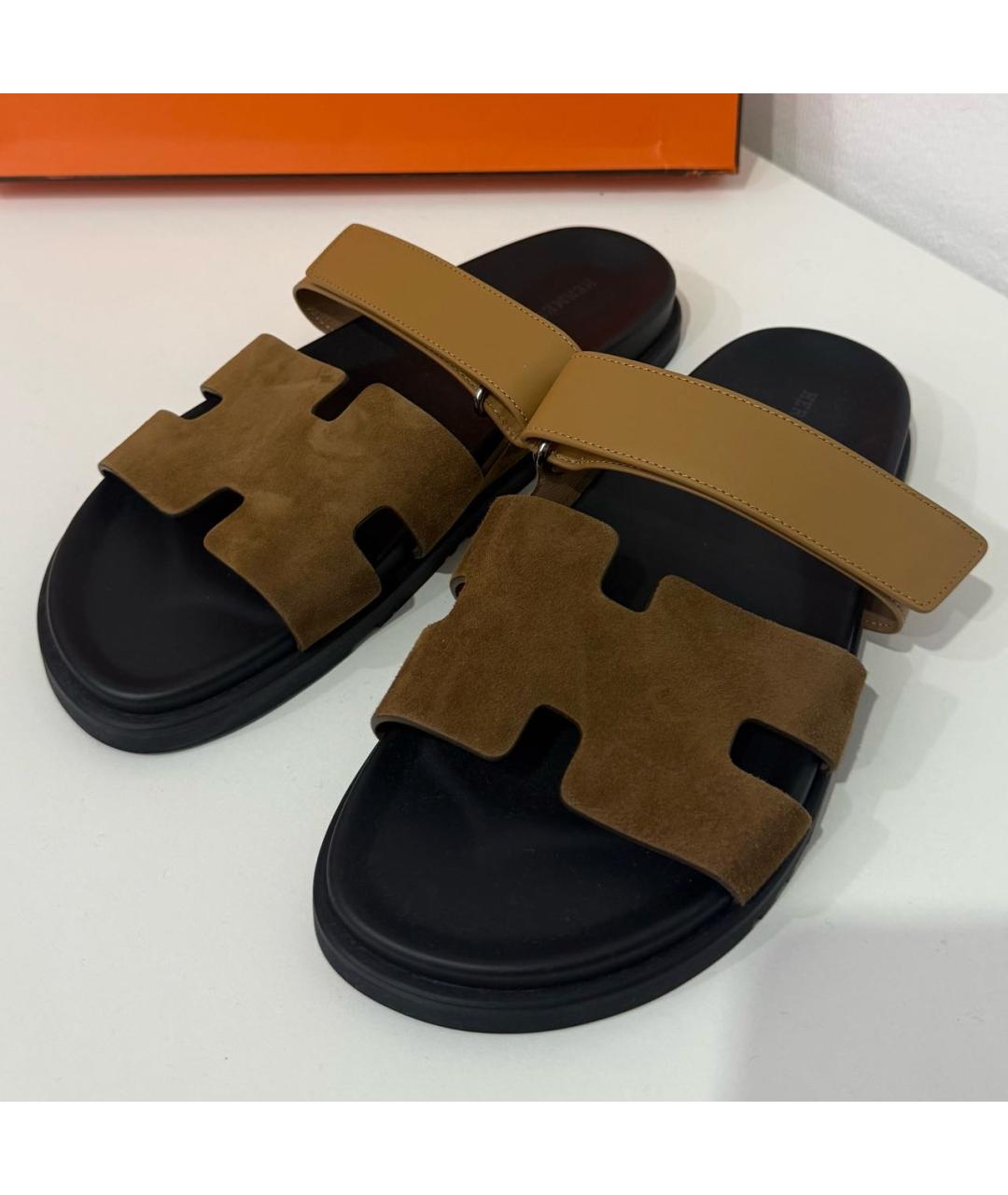 HERMES Коричневые замшевые шлепанцы, фото 3