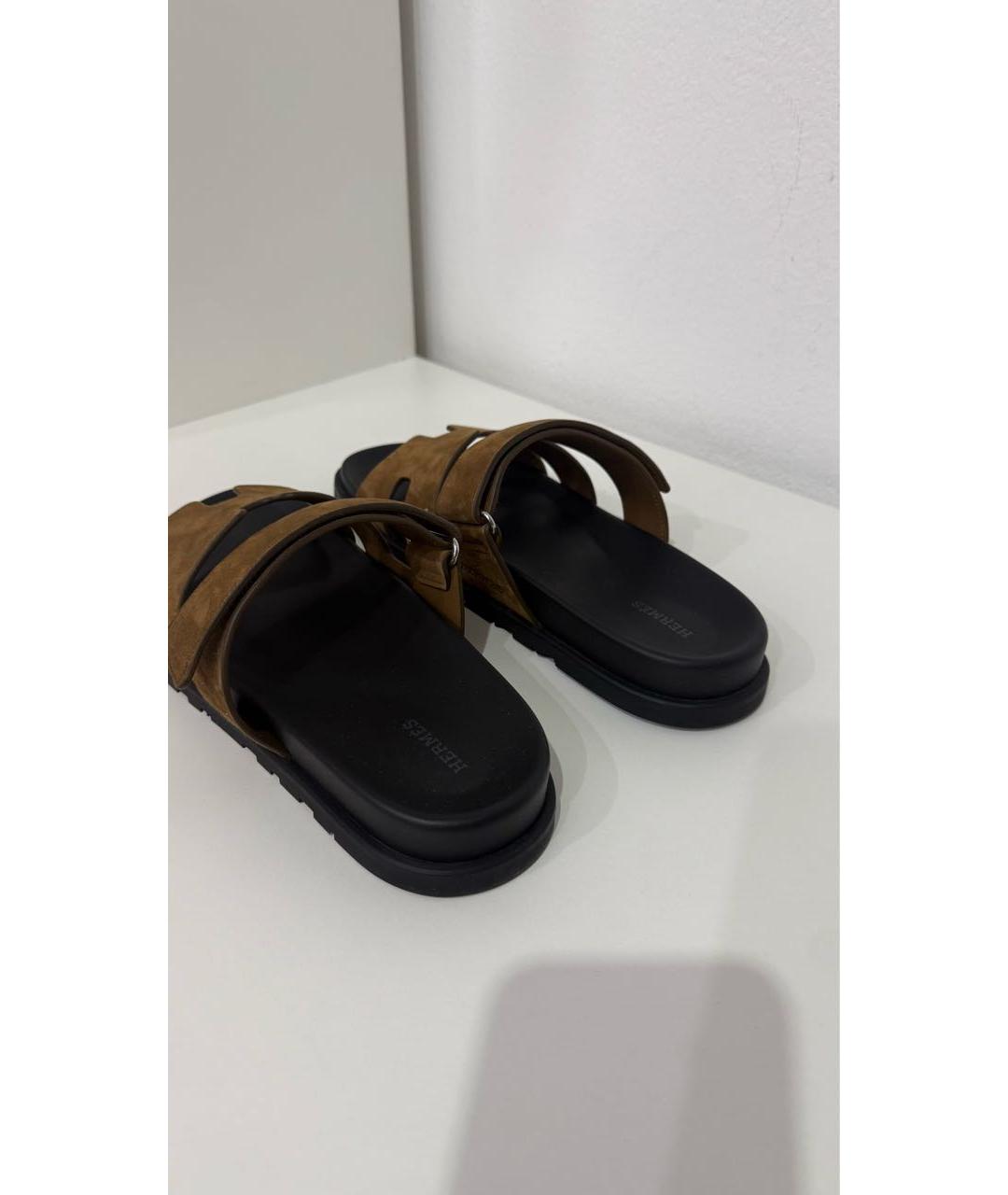 HERMES Коричневые замшевые шлепанцы, фото 6