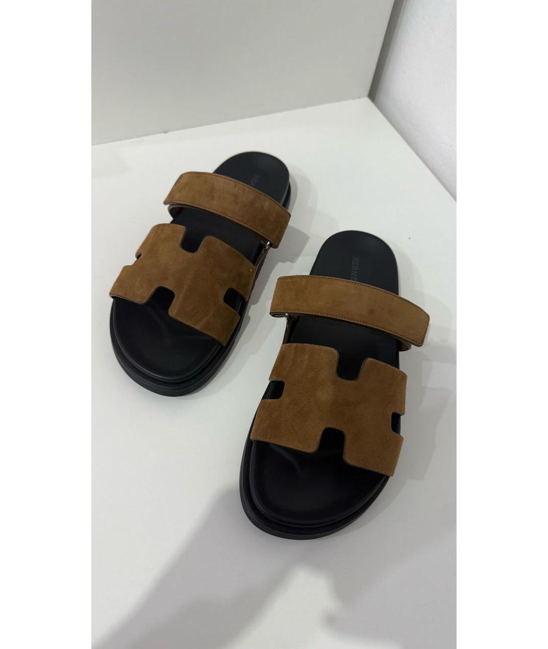 HERMES Коричневые замшевые шлепанцы, фото 2