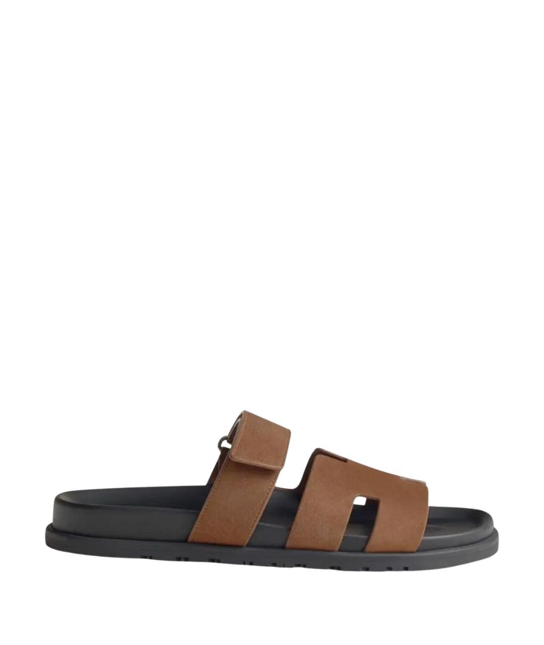 HERMES Коричневые замшевые шлепанцы, фото 1