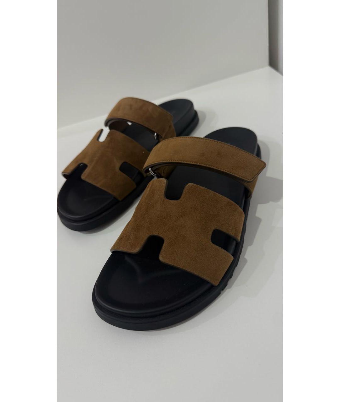 HERMES Коричневые замшевые шлепанцы, фото 3