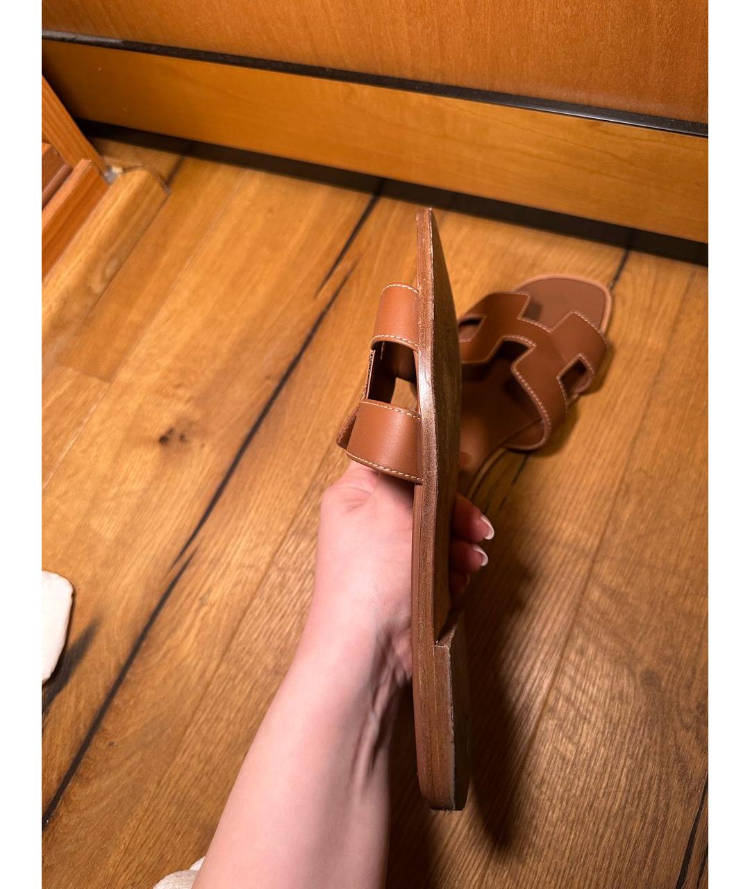 HERMES Коричневые кожаные шлепанцы, фото 6