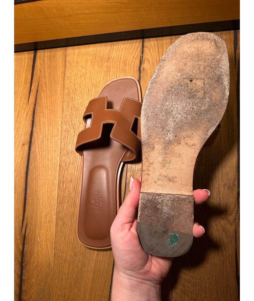 HERMES Коричневые кожаные шлепанцы, фото 5