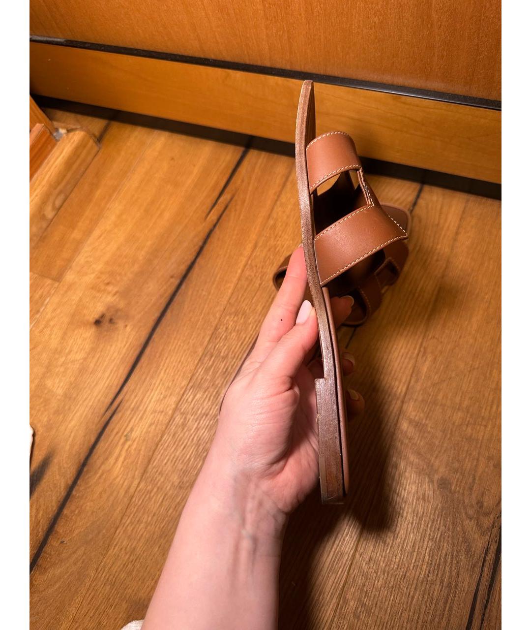 HERMES Коричневые кожаные шлепанцы, фото 9
