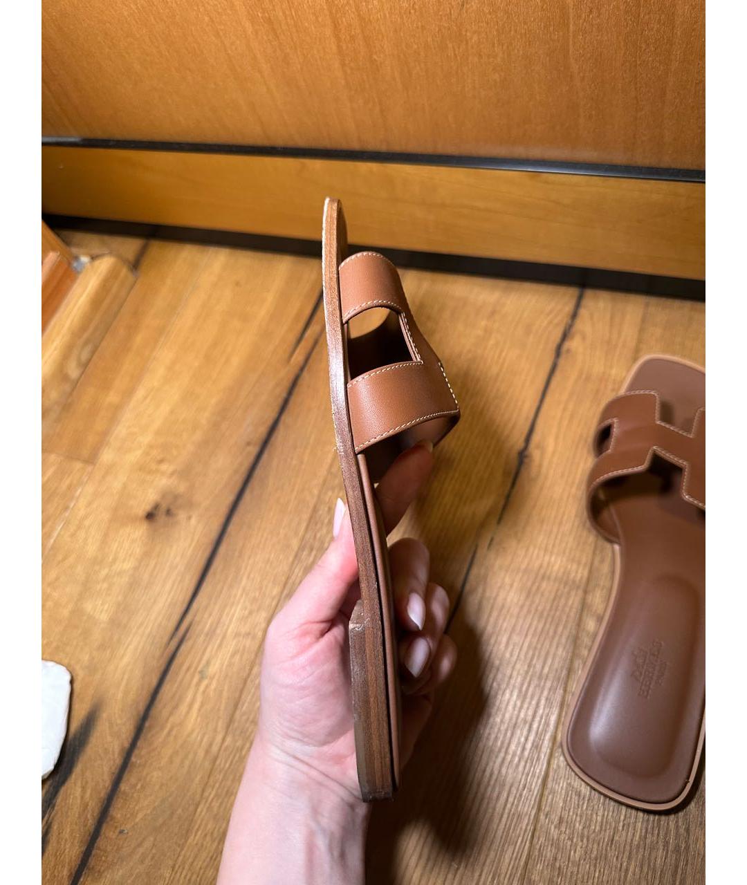 HERMES Коричневые кожаные шлепанцы, фото 7