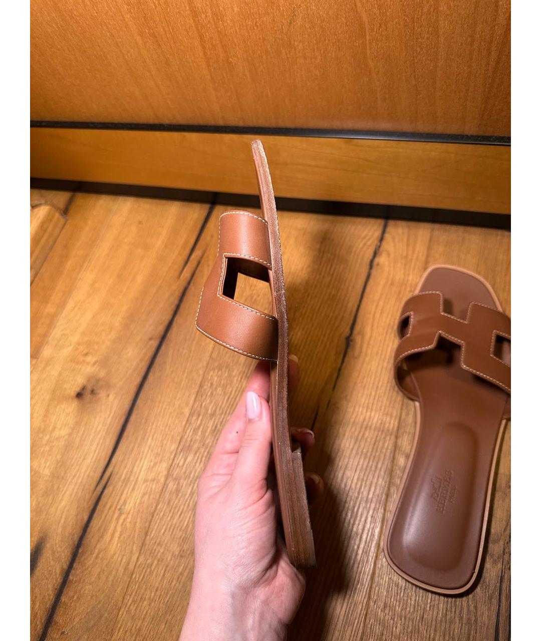 HERMES Коричневые кожаные шлепанцы, фото 8