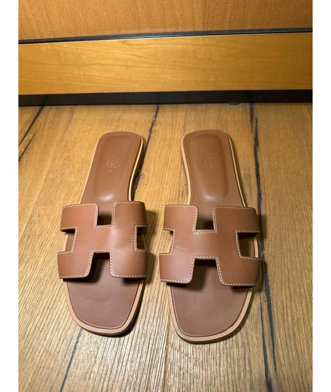 HERMES Коричневые кожаные шлепанцы, фото 2