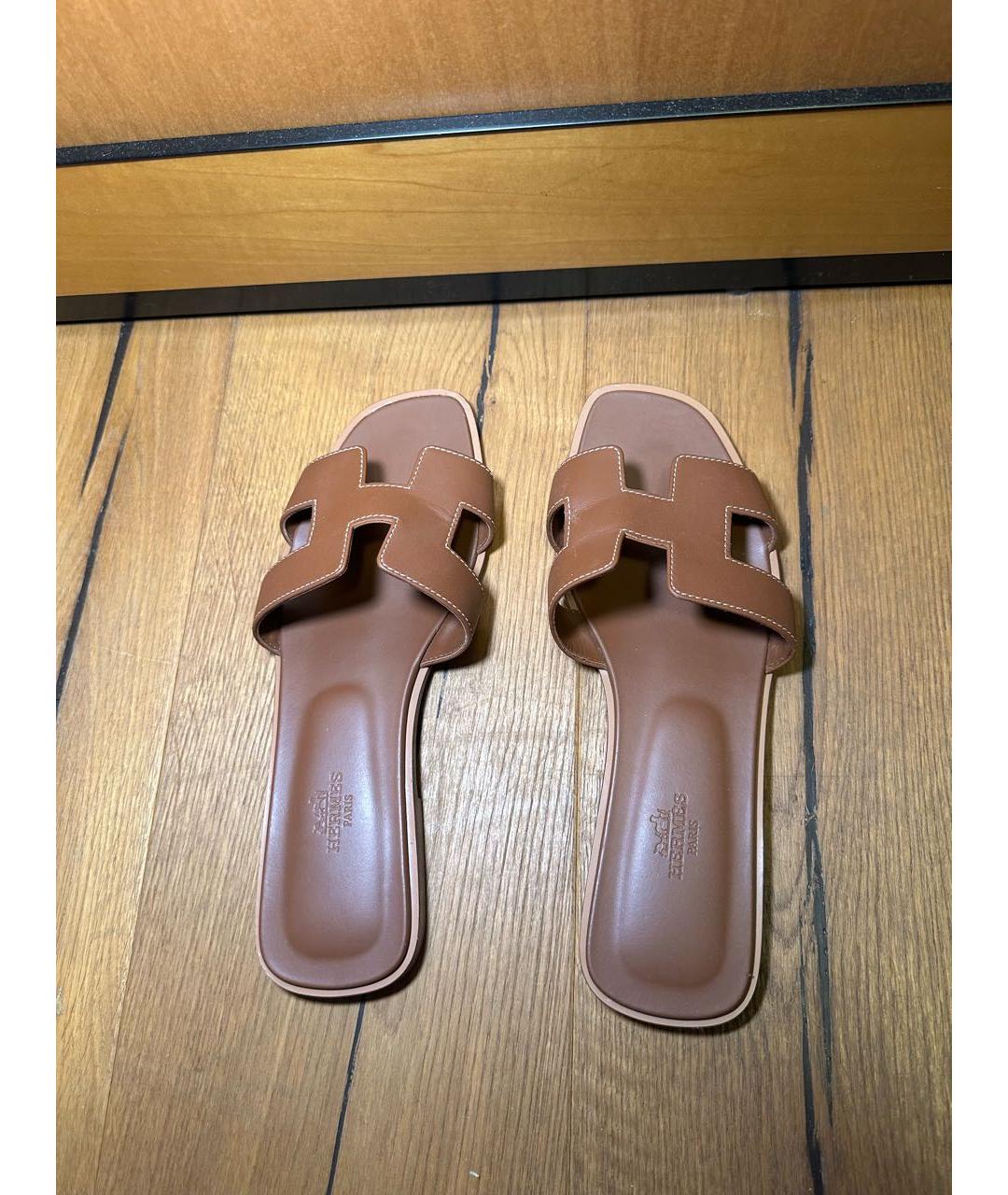 HERMES Коричневые кожаные шлепанцы, фото 3