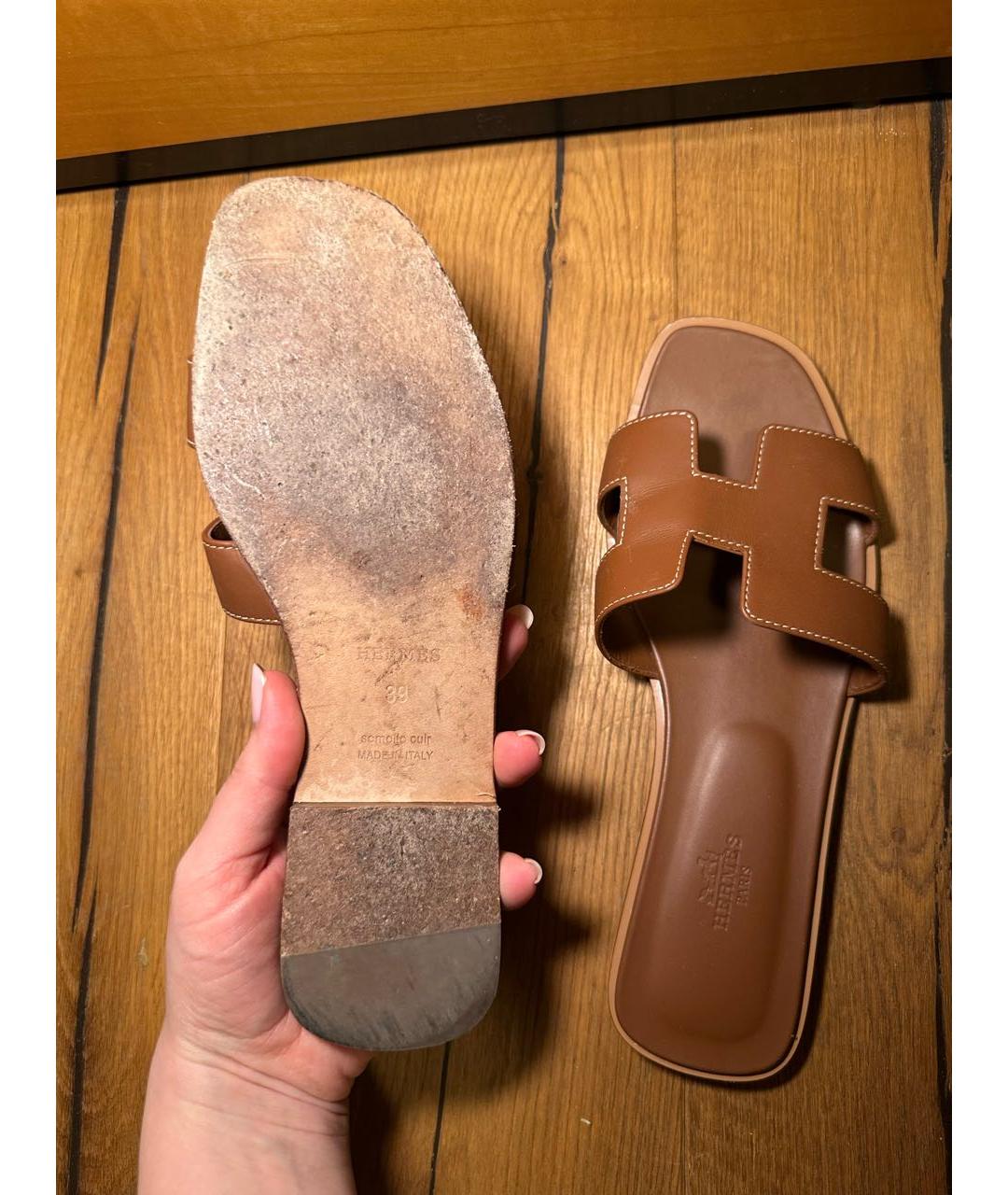 HERMES Коричневые кожаные шлепанцы, фото 4