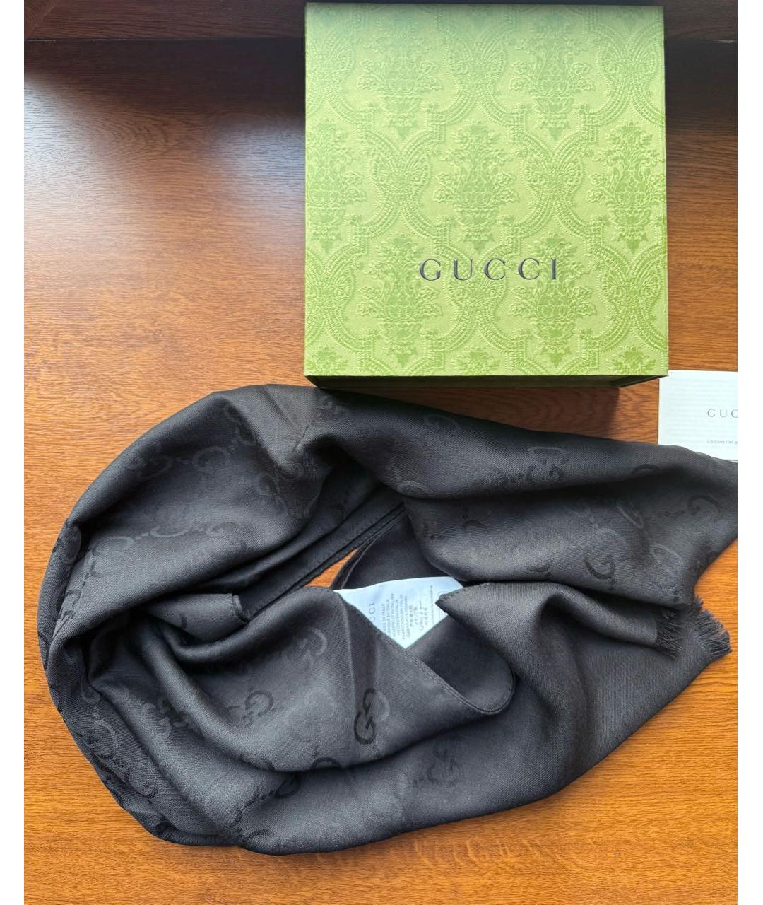 GUCCI Черный шерстяной шарф, фото 6