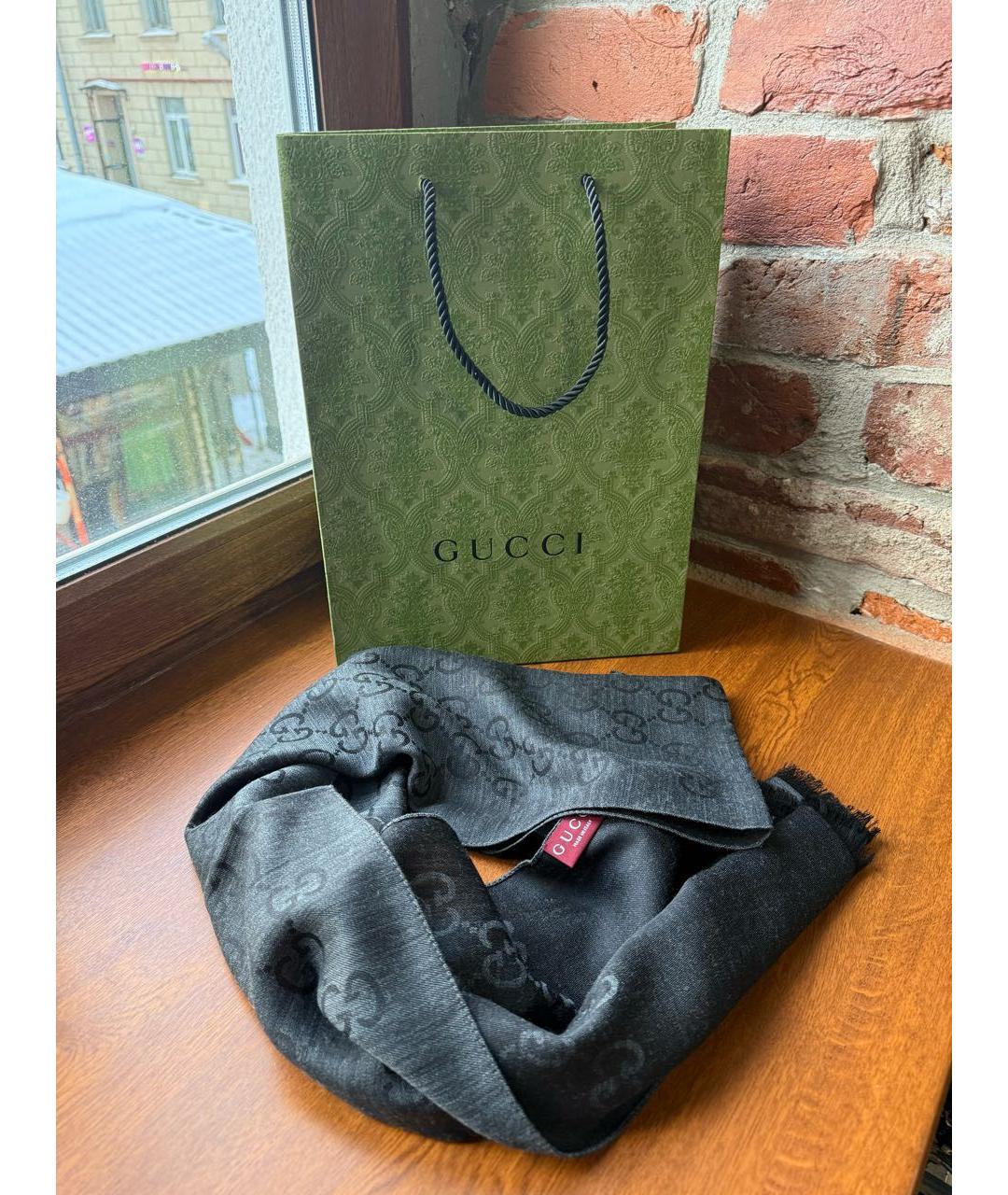 GUCCI Антрацитовый шерстяной шарф, фото 6