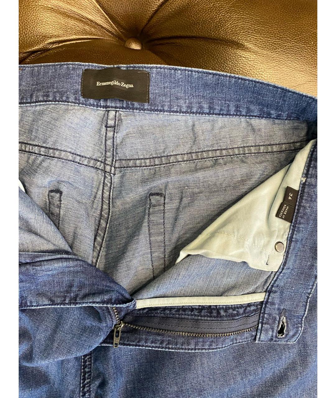 ZEGNA Синие хлопко-леновые прямые джинсы, фото 4