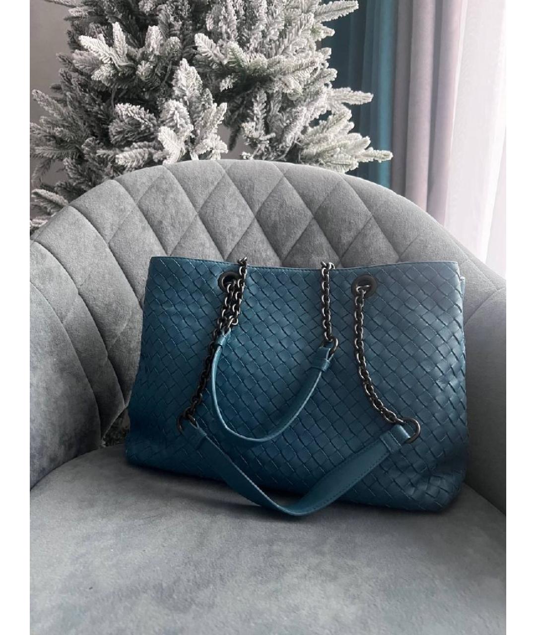 BOTTEGA VENETA Бирюзовая кожаная сумка тоут, фото 2