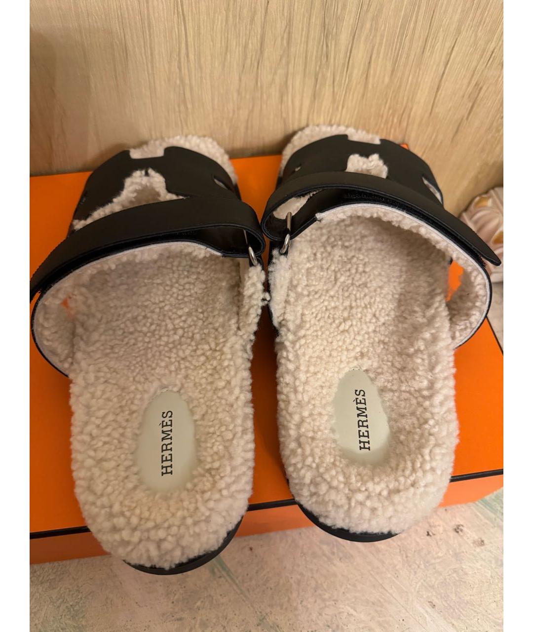 HERMES Черные кожаные шлепанцы, фото 3