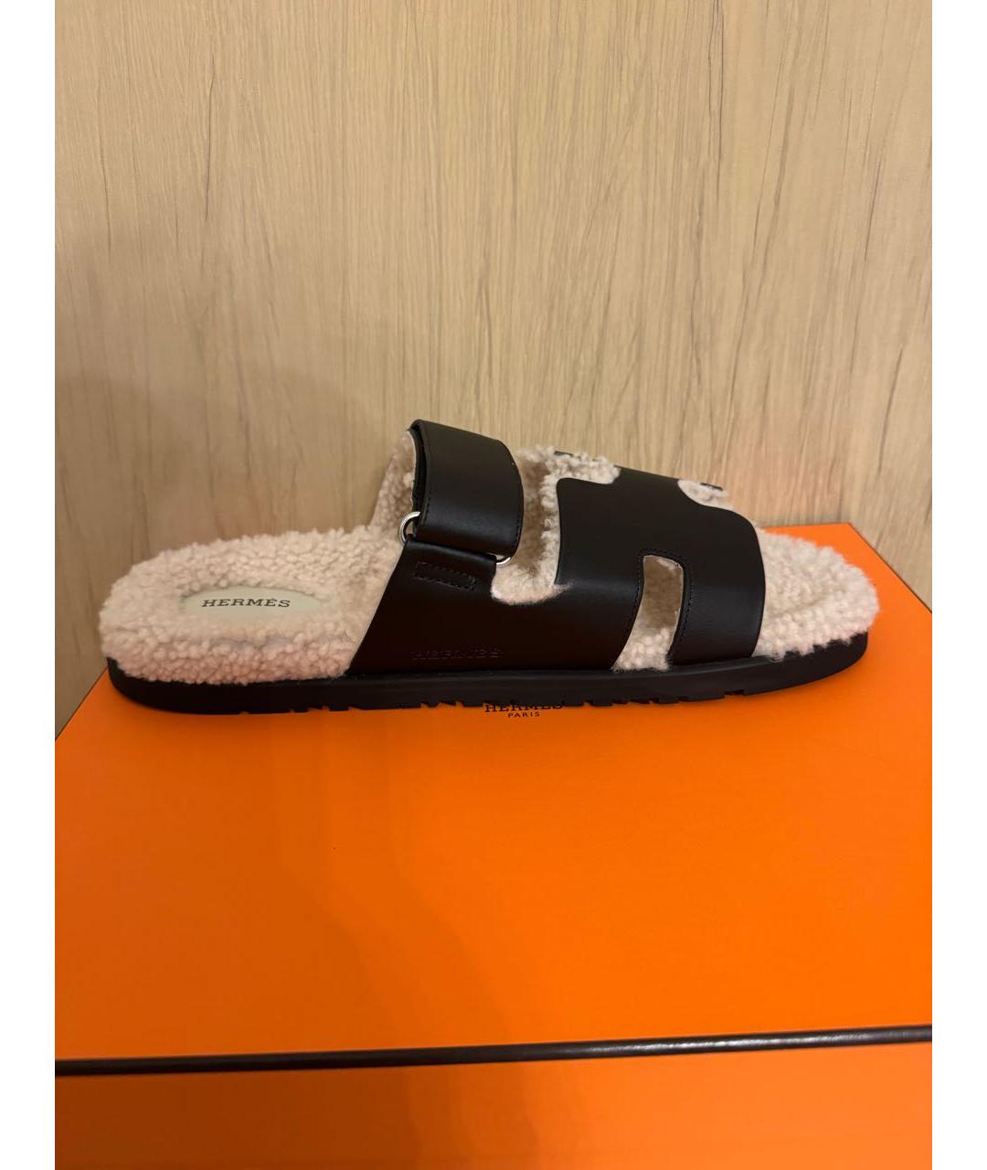 HERMES Черные кожаные шлепанцы, фото 7